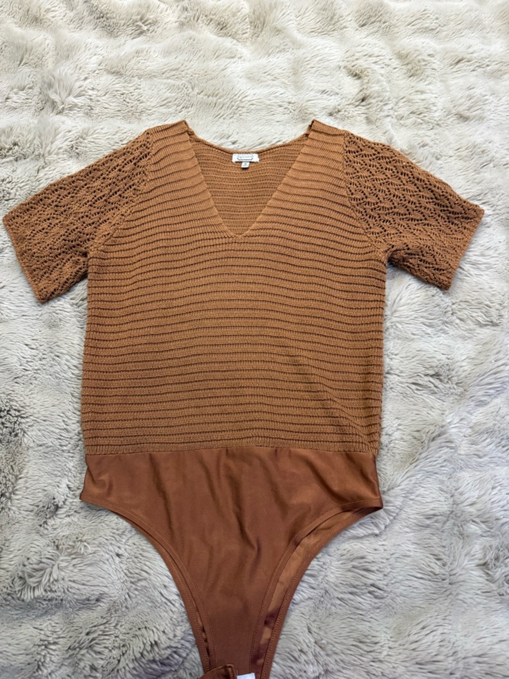 gimmicks by BKE Ribbed V-Neck Knit Bodysuit in Cognac